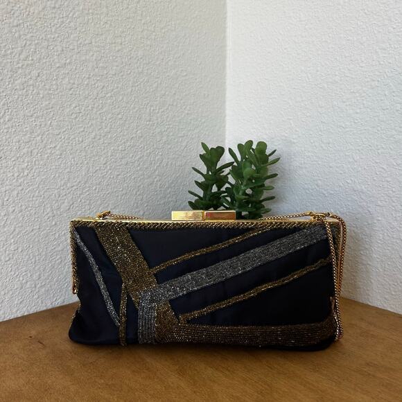 Walborg Handbags - Vintage Y2K Black, Gold & Silver Beaded small handbag Kiss lock Prom party glam